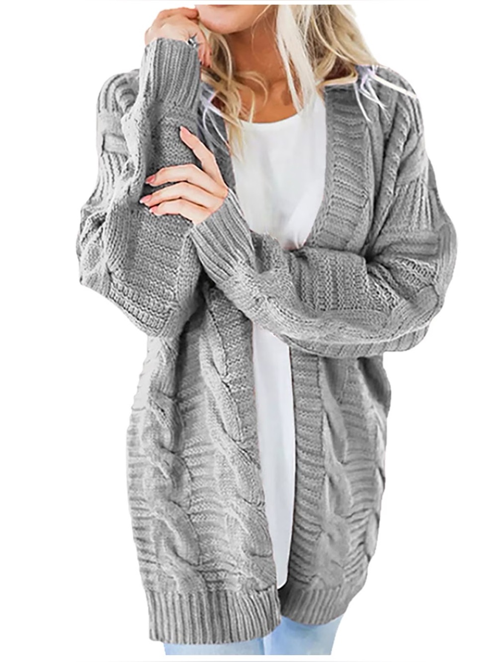 The Roster Light Gray Cable Knit Open-Front Cardigan
